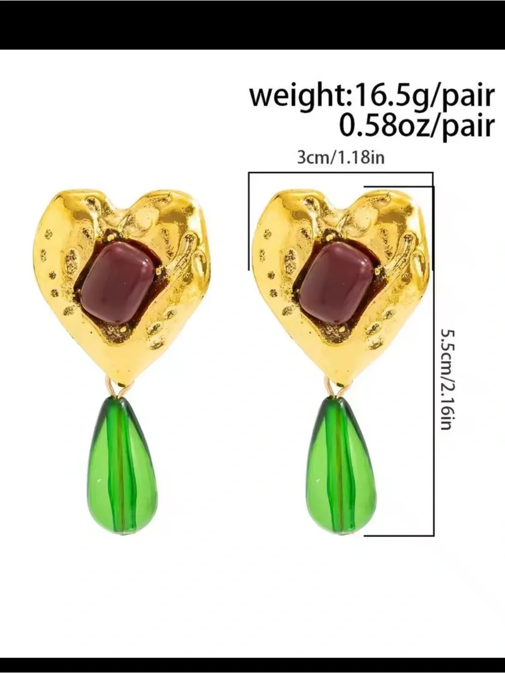 Retro Gold Heart Earrings – Emerald Teardrop Dangle Earrings